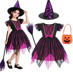 Fantasia De Bruxa De Halloween Infantil , Conjunto De 4 Peças , Vestido De Renda Roxa , Roupas De Performance De Palco P