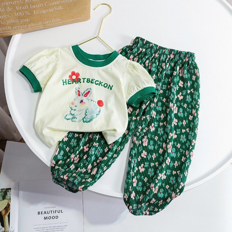 Crianças terno 2026 novo estilo de algodão puro meninas dos desenhos animados camiseta bonito bebê Floral Anti-Mosquito 