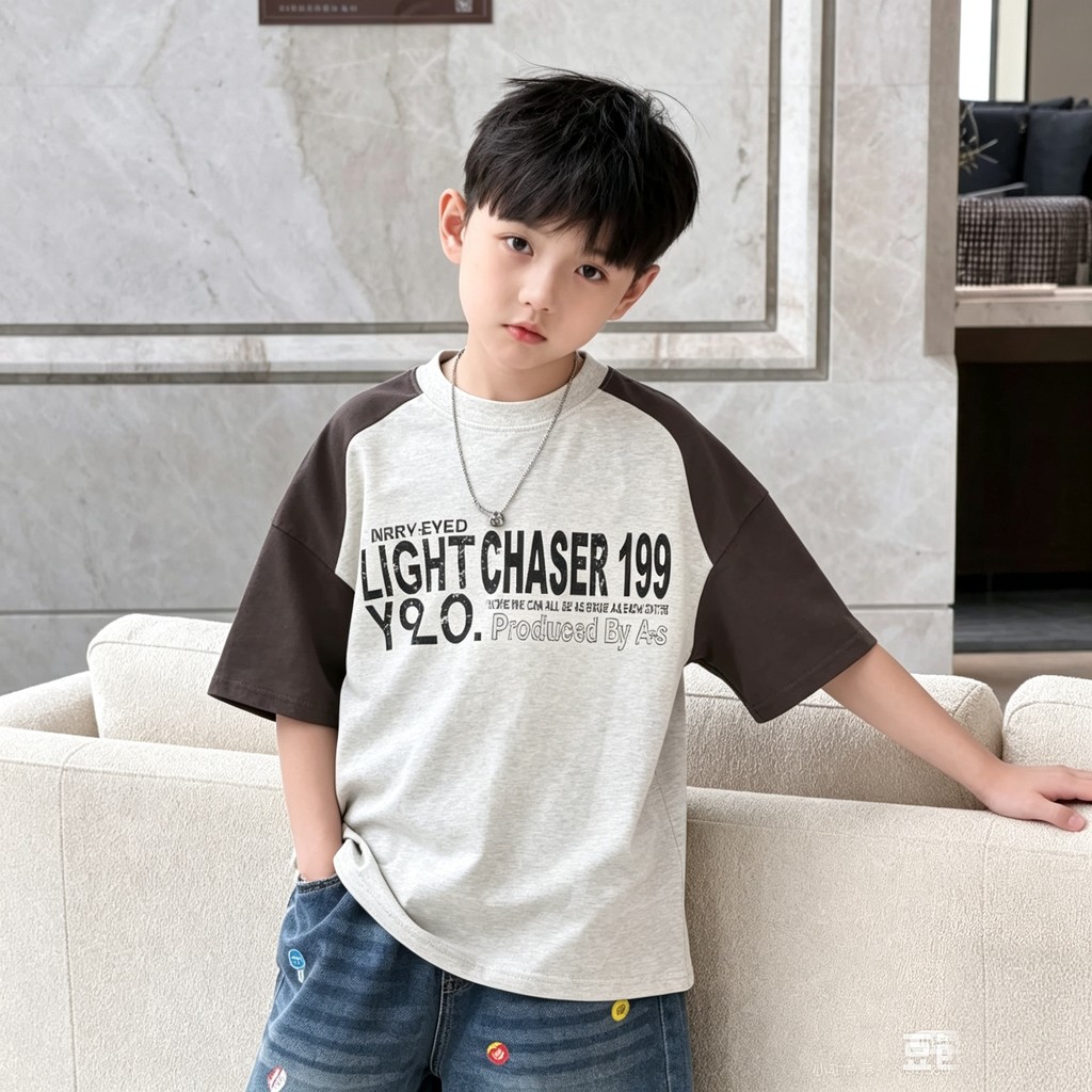 Meninos de manga curta puro algodão camiseta 2026 novo estilo crianças verão camiseta médio grande meninos meninos contr