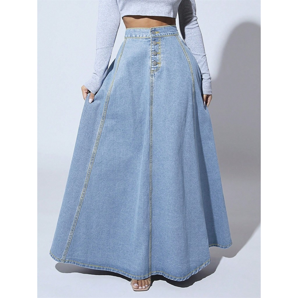 Moda europeia americana Casual cintura alta A linha saia jeans saia longa feminina Maxi Jean saia jeans