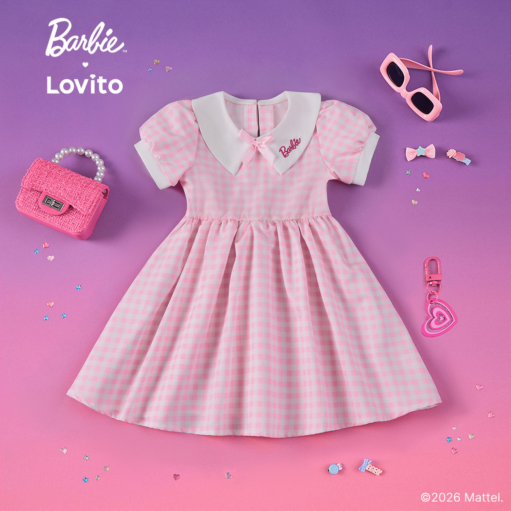Barbie™ X Lovito Kids Vestido Rosa Menina Primavera/Verão Flare até Joelho Bordado e Bloco de Cor LBL5AD027