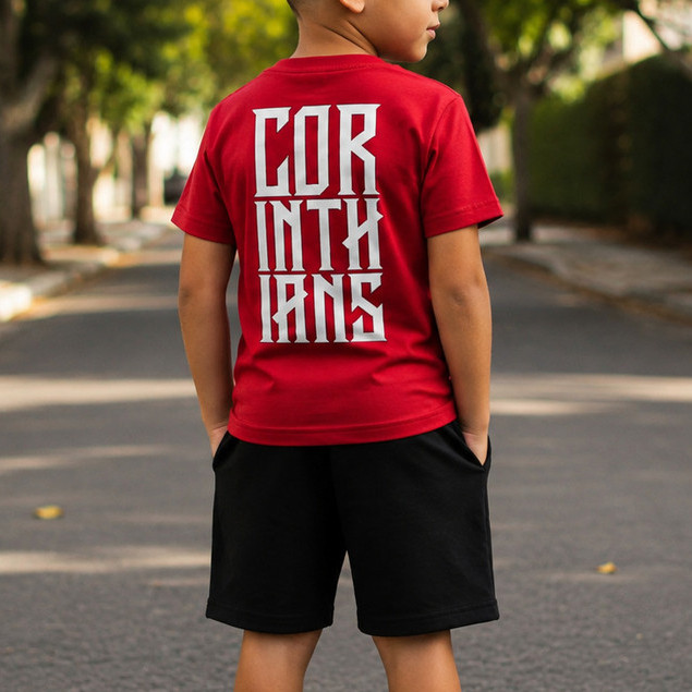 Conjunto Infantil Menino Camiseta Corin thi ans Estampada + Bermuda de Moletom Casual Confortável