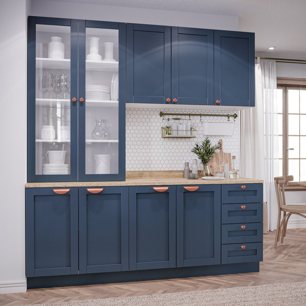 Cozinha Planejada Compacta 4 Peças com Armário Aéreo 2 Portas Vidro Arizona CabeCasa MadeiraOriginals Azul