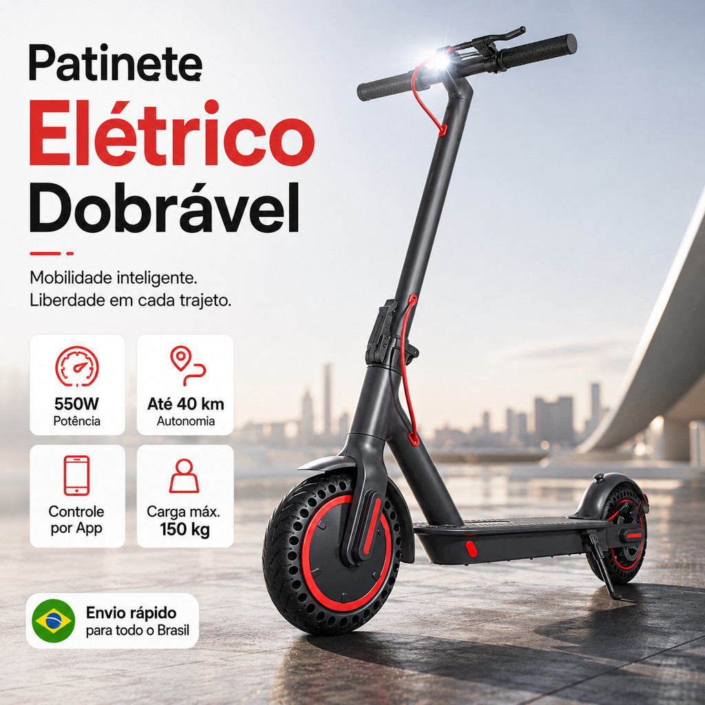 Patinete Elétrico Dobrável Adulto 550W 36V Bivolt Scooter Elétrica Portátil Mobilidade Urbana com Farol e Freio