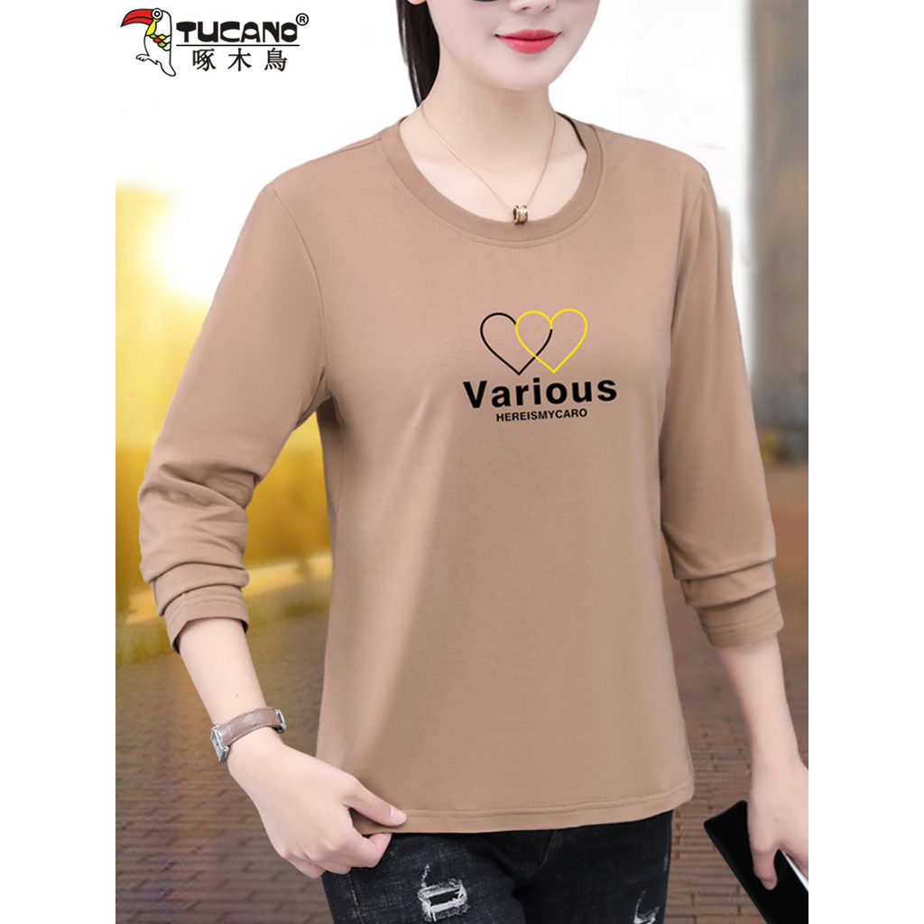 Woodpecker algodão manga comprida camiseta feminina primavera outono 2026 novo estilo elegante estilo ocidental meia-ida