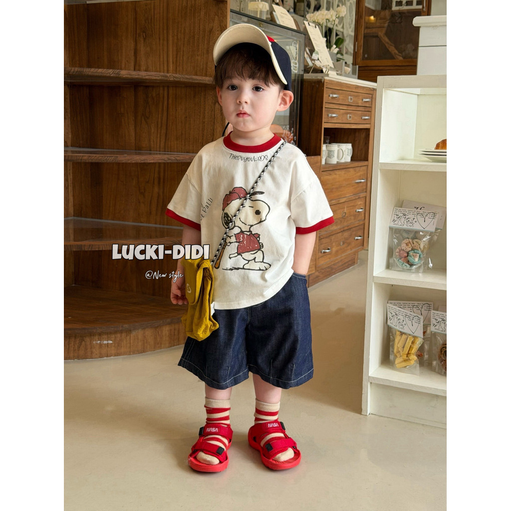 LUCKI crianças roupas infantis coreanas 2026 verão meninos médio pequeno crianças dos desenhos animados Snoopy camiseta 