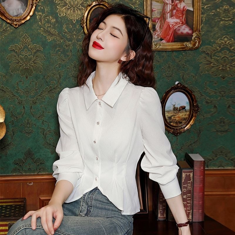 Camisa branca francesa camisa sentir nicho manga longa cintura estreita Design camisa curta topo 9G3H
