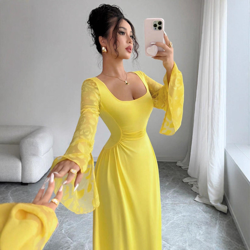 Feminino francês cor sólida manga comprida pescoço quadrado magro-ajuste saia longa estilo elegante vestido de malha Jac