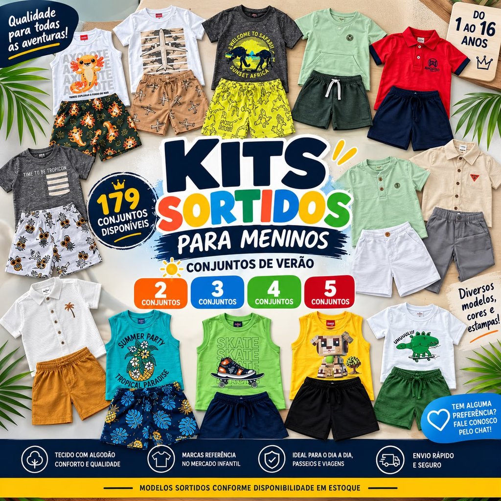 Kit 2/3/4/5 Conjunto Verão Infanto Juvenil Sortidos Menino Confortavel Marlan Kyly Milon LucBoo Etc.