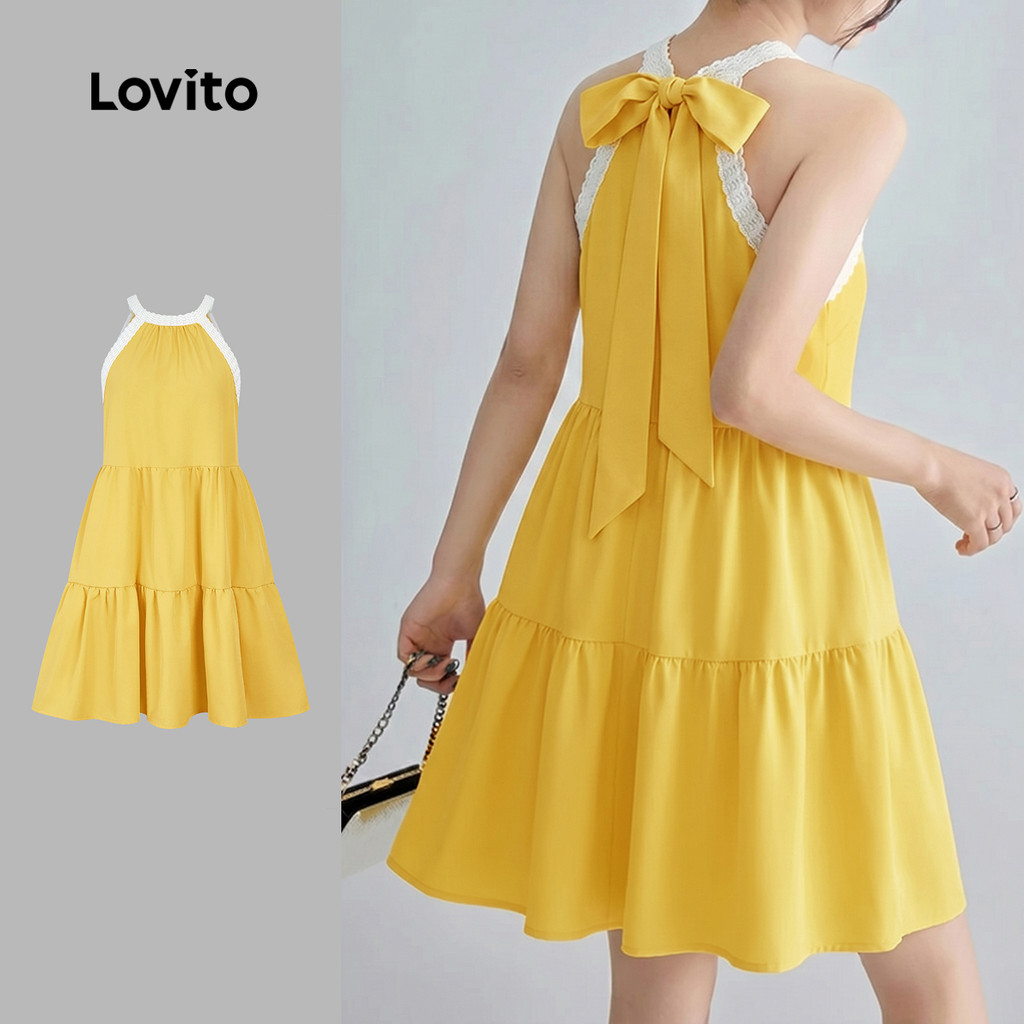 Lovito Vestido Casual Blocos de Cor e Camadas em Camadas Laço para Amarelo para mulheres L198ED201