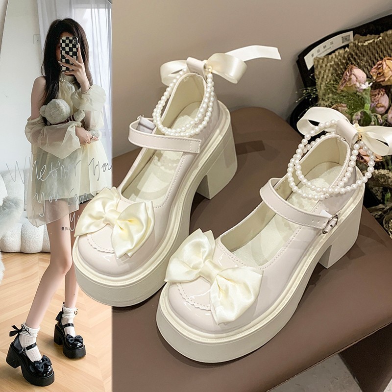 Mary Jane pequenos sapatos de couro japonês feminino jk estilo Preppy 2025 primavera outono sola grossa pérola arco temp