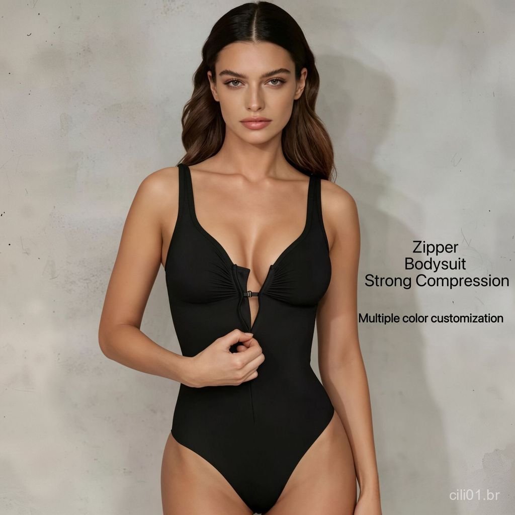 Body modelador feminino sem costura, com efeito de compressão abdominal, modelagem de quadril, respirável, com zíper, mo