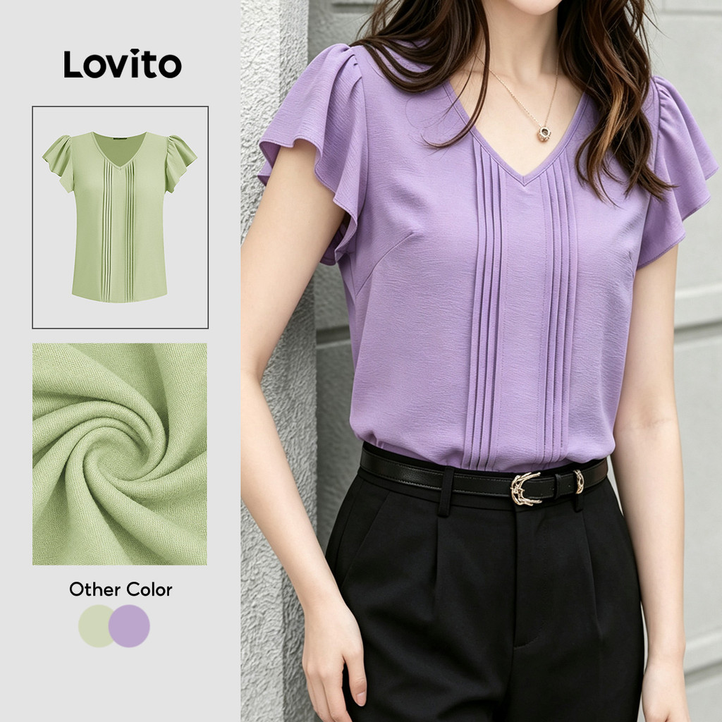 Lovito Blusa Casual Plissada com Babado Ruffle Blusa Roxa de Primavera/verão para Mulheres L195ED267