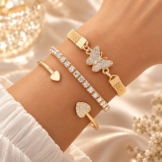 Kit 3 Pulseiras Femininas Ajustáveis Douradas com Pulseira Riviera, Bracelete Coração, Infinito e Strass