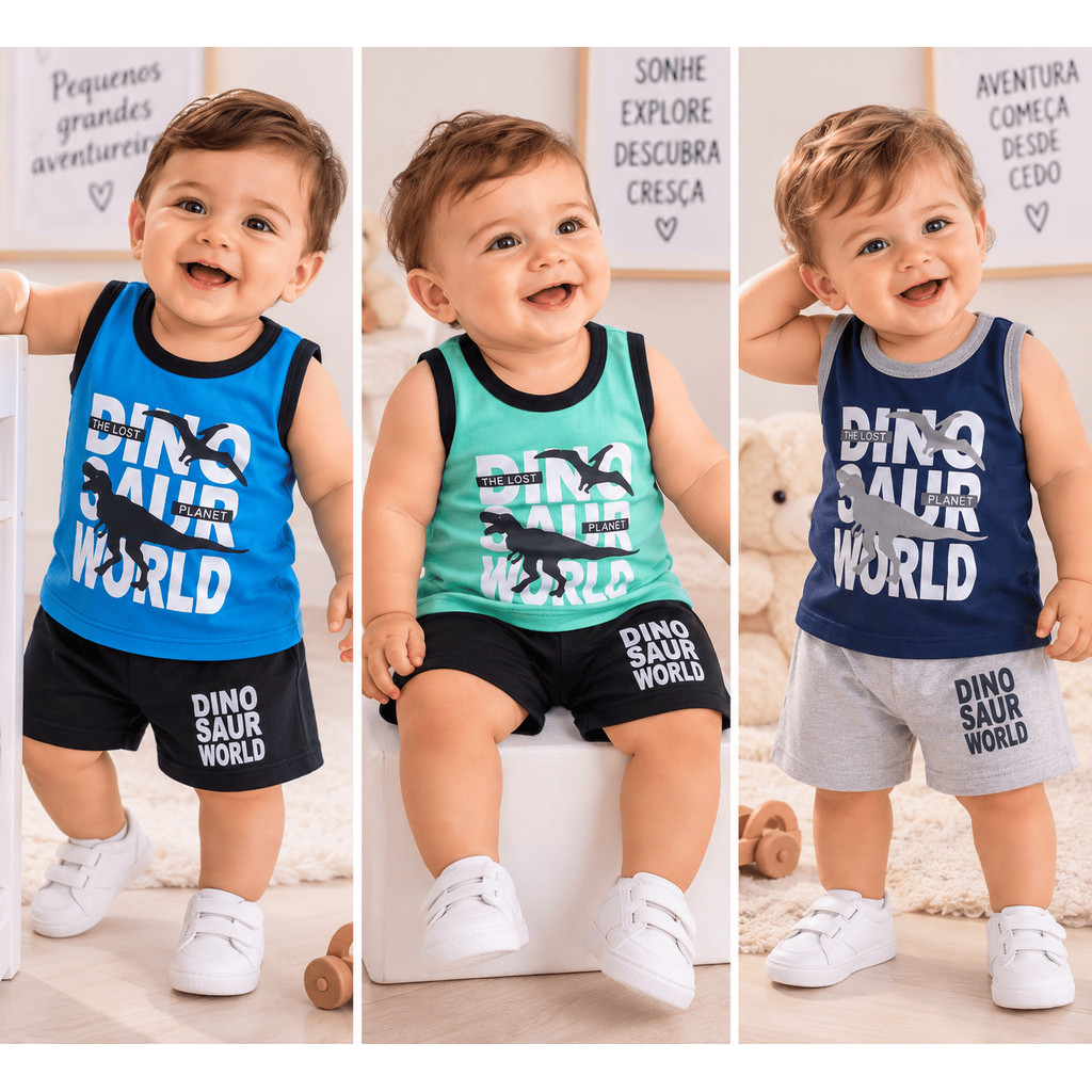 Conjunto Infantil Dinossauro Regata e Shorts Menino em Algodão Temático