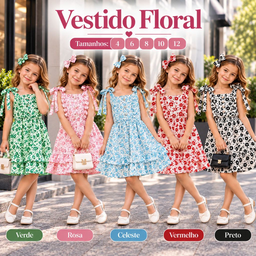 Vestido Infantil Floral Menina com Babados e Alças de Amarrar – Vestido Estampado Feminino Infantil Delicado e Elegante