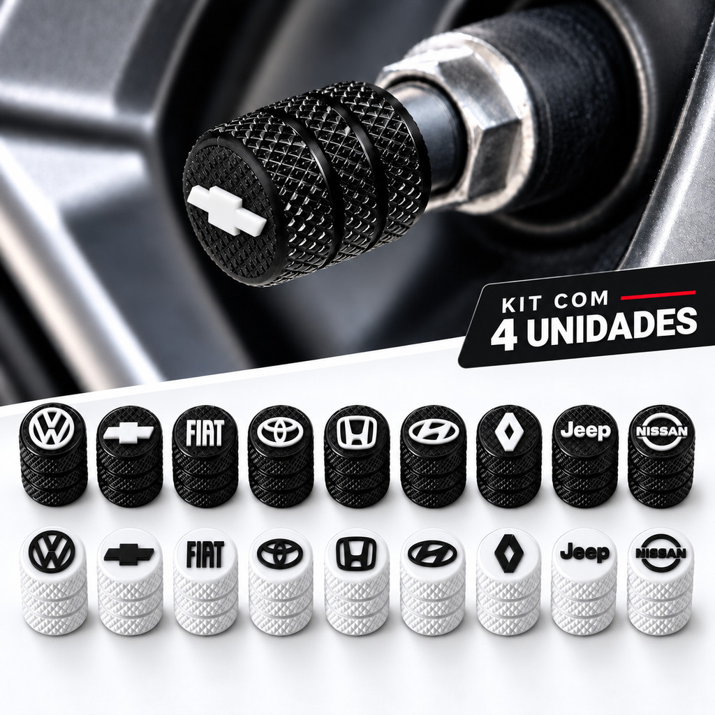 Tampa Válvula Pneu Carro Kit 4 Unidades com Logo em Relevo Antipó para Moto Bicicleta Bico de Pneu