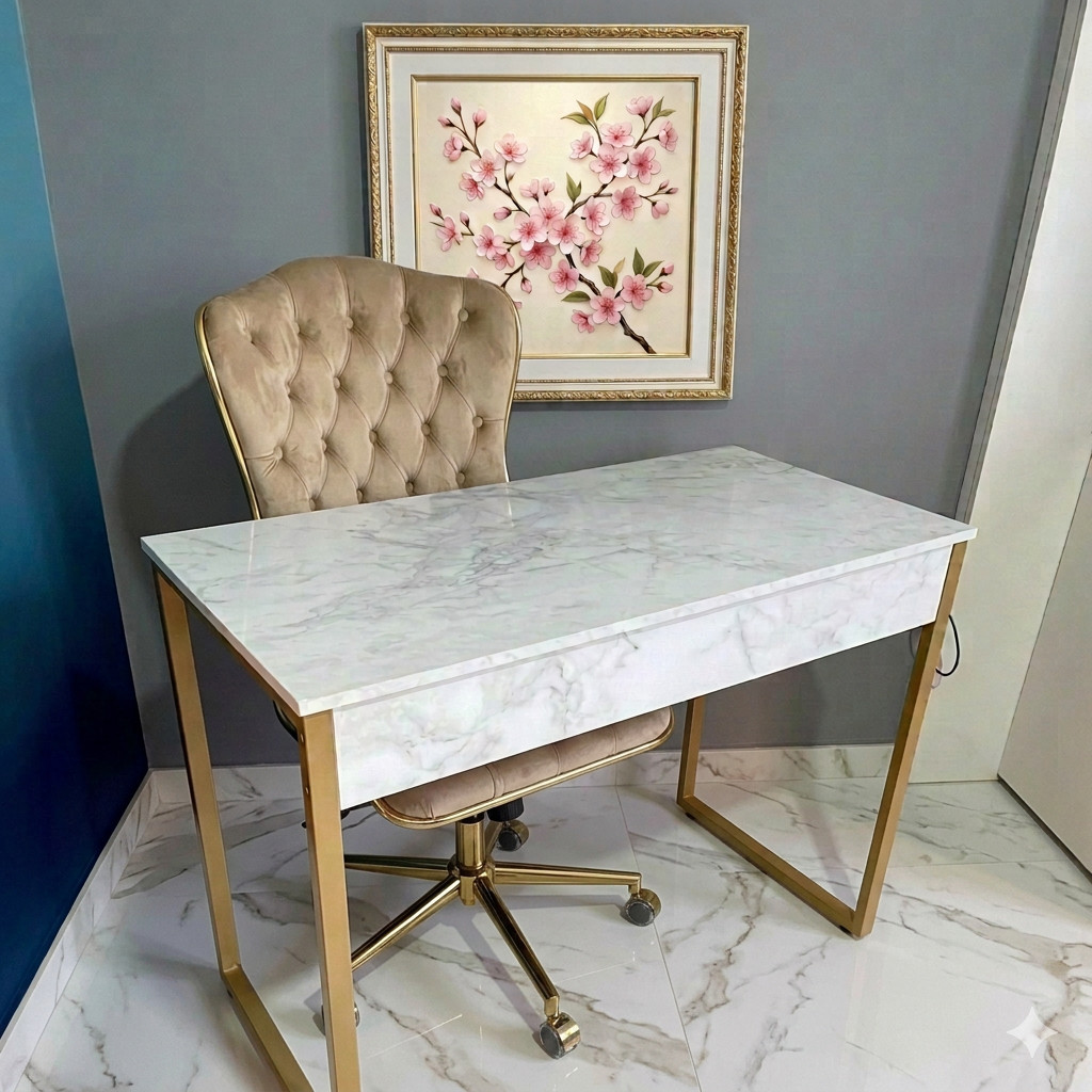 Mesa Escrivaninha Escritório 90cm Home Office Estilo Industrial - Metalon Dourado - Efeito Marmore