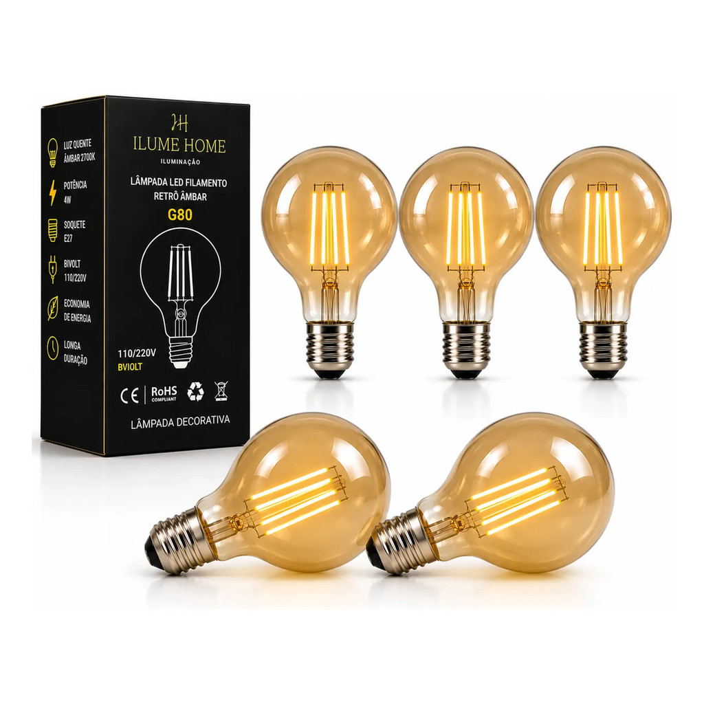 Kit 5 Lâmpada Filamento Led G80 Decorativa Vintage Âmbar 4w