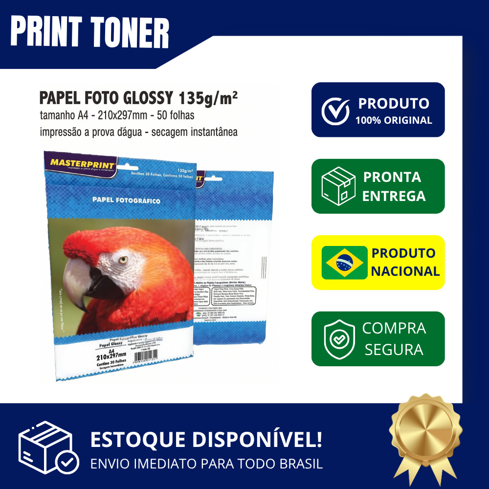 Papel Fotográfico Glossy A4 50 Folhas Secagem Rápida Resistente Água 135g/m²
