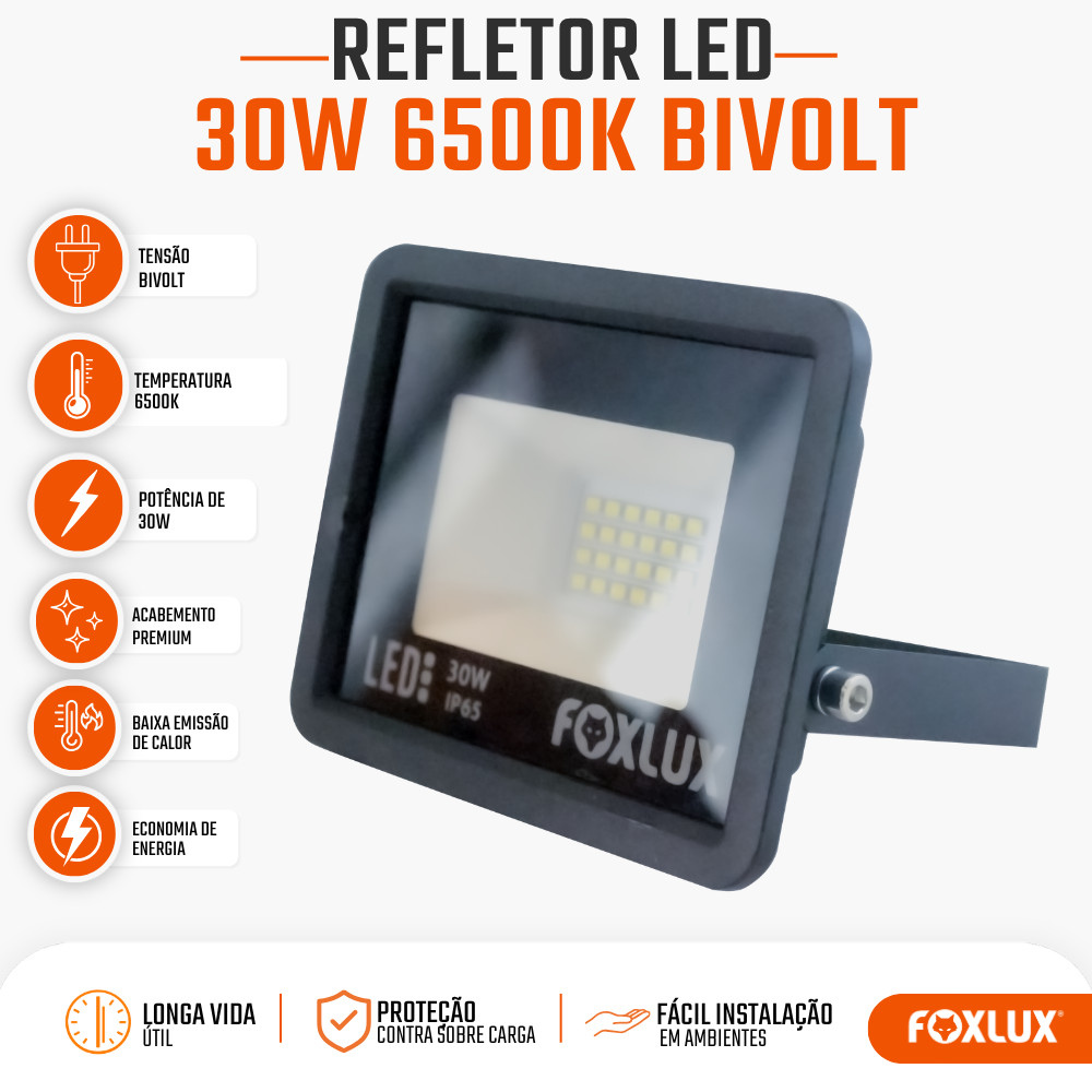 Refletor LED 30W Foxlux 6500K Branco Frio IP65 Resistente a Água Bivolt