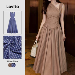 Lovito Plissada Elegante Vestido Listrado Assimétrico Primavera/verão Marrom para Mulheres L164LD247