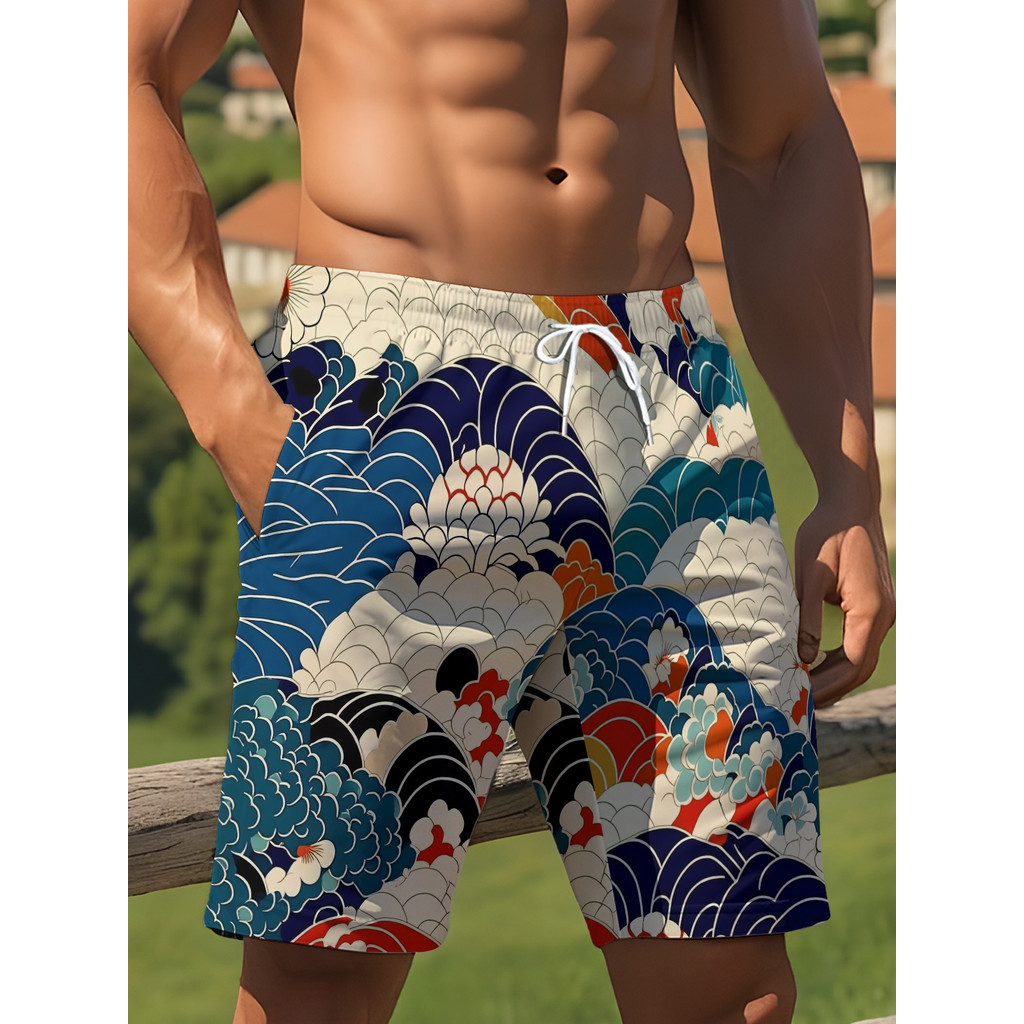 Shorts usam flores onduladas estilo japonês, cores ricas, Design com cordão, estilo exclusivo