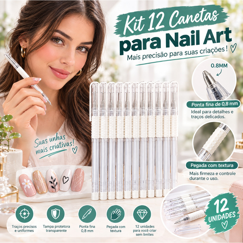 Kit 12 Canetas para Nail Art, Ponta Fina 0,8mm, Tampa Protetora e Pegada Texturizada