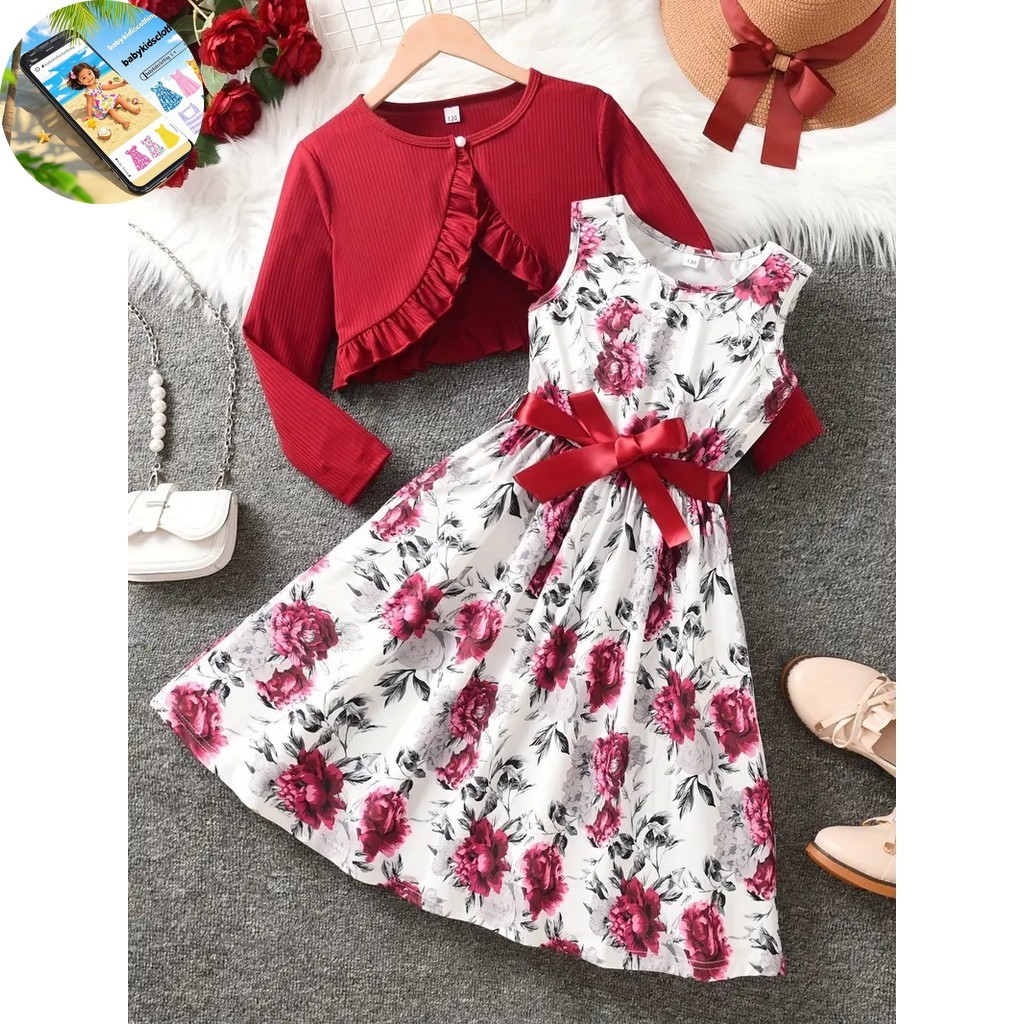 Conjunto Infantil Feminino Vestido Sem Manga Blusa Manga Longa Faixa 2 a 8 Anos Florido Vermelho Festa Aniversário Natal