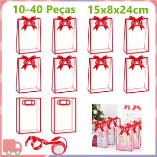 10-40 sacola de presente transparente com alça, alça de decoração de fita vermelha 15x24x8 cm, para festas de fim de ano