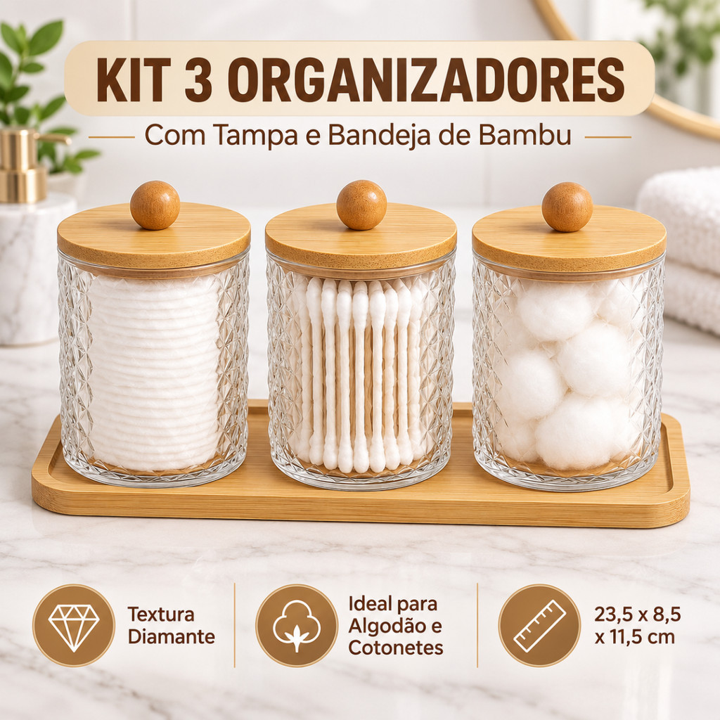 Kit Organizador Acrílico Multiuso 3 Potes Tampa e Bandeja De Bambu Lavabo Banheiro Algodão Cotonete Maquiagem Cosméticos