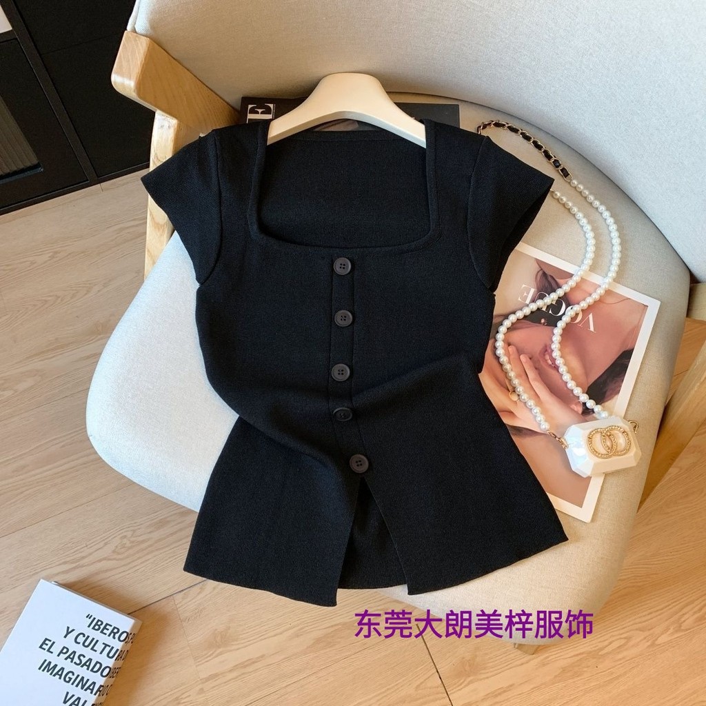 Nova cor sólida versão coreana de manga curta camiseta Design sentimento pescoço quadrado pulôver elegante magro-