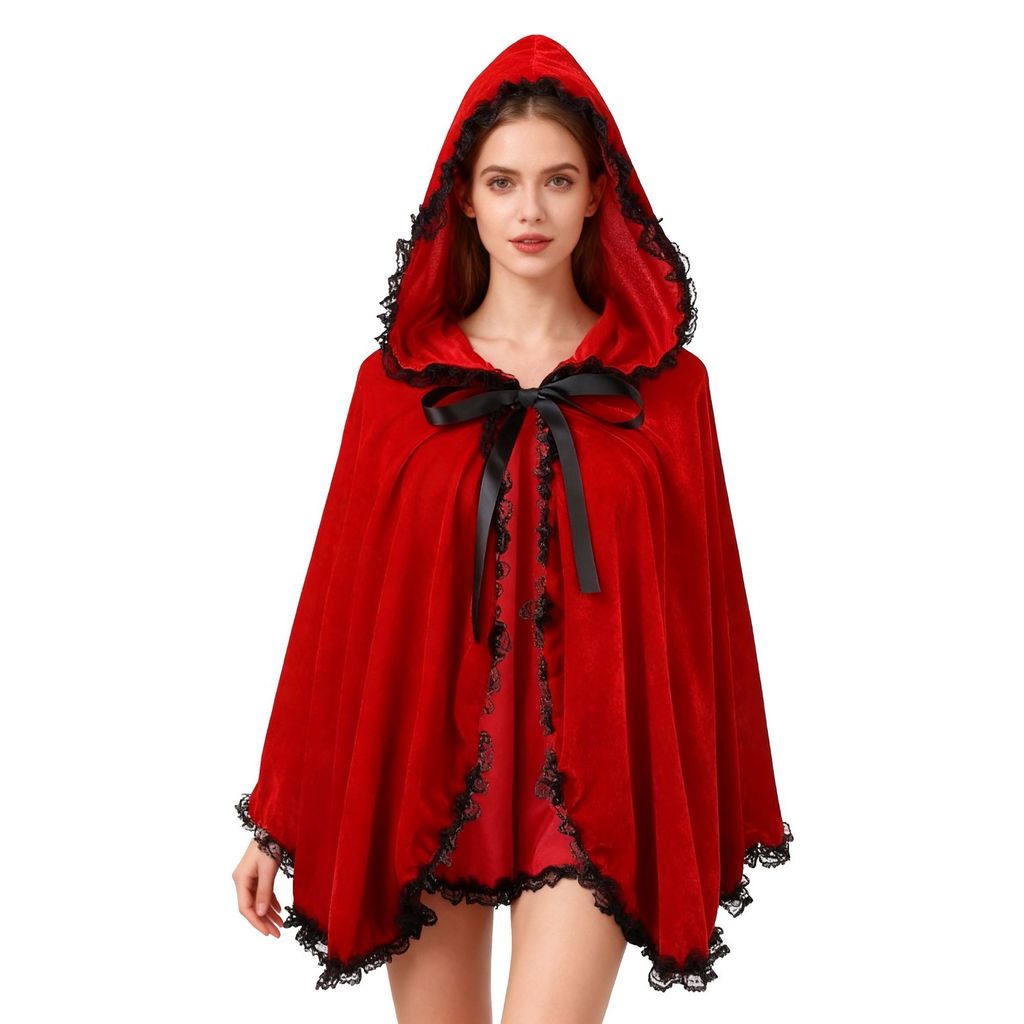 Festa de Halloween renda escura chapeuzinho vermelho veludo com capuz capa adulto cosplay trajes desempenho palco