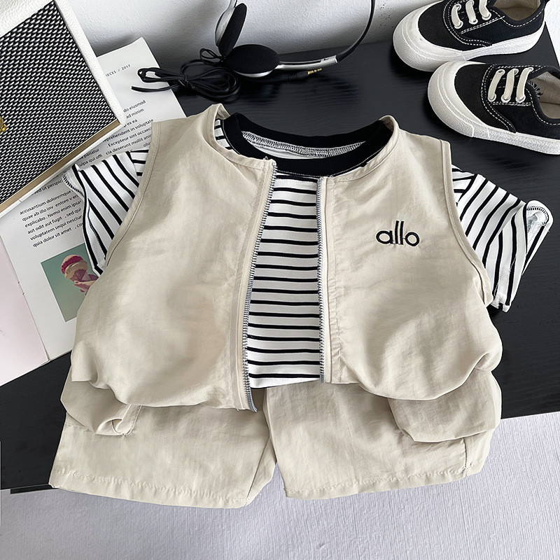 Crianças Verão Casual Bonito Roupas Terno Meninos Zíper Carta Colete + Camiseta Listrada + Shorts De Bolso 3 Pçs/Set Inf
