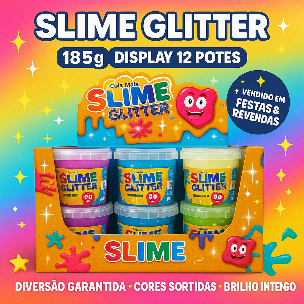 Slime Glitter Amoeba 185g Display com 12 Potes Grandes Cores Sortidas Infantil Festa Atacado Revenda