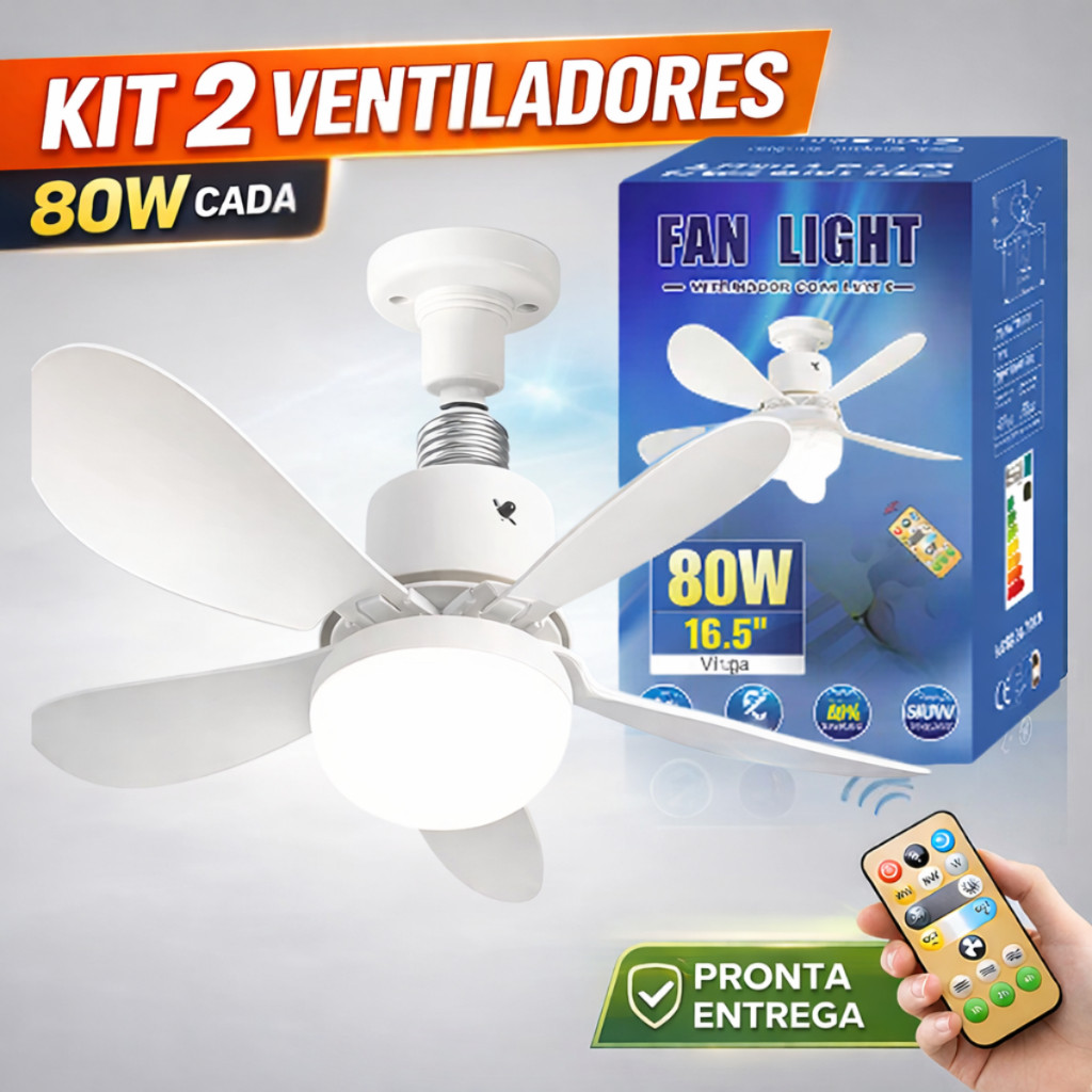 Kit 2 Ventilador 80W 5 Hélices Teto Potente Controle Remoto led Regulável 3 cores E27 Silencio Inteligente Ventila Forte