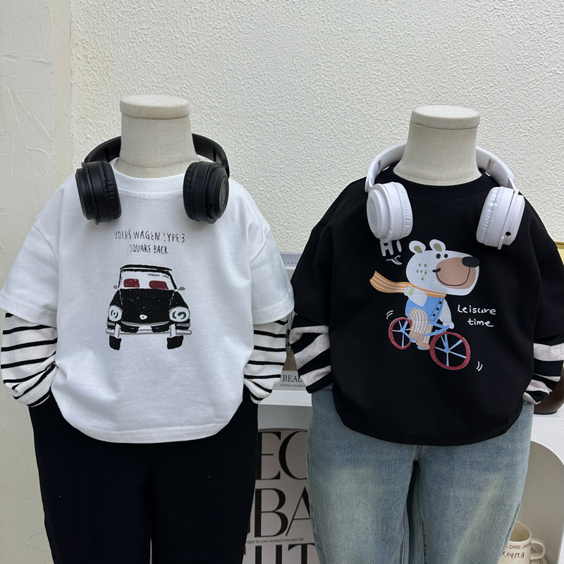 Meninos primavera manga comprida camiseta crianças dos desenhos animados em torno do pescoço camisa de fundo meninos pri