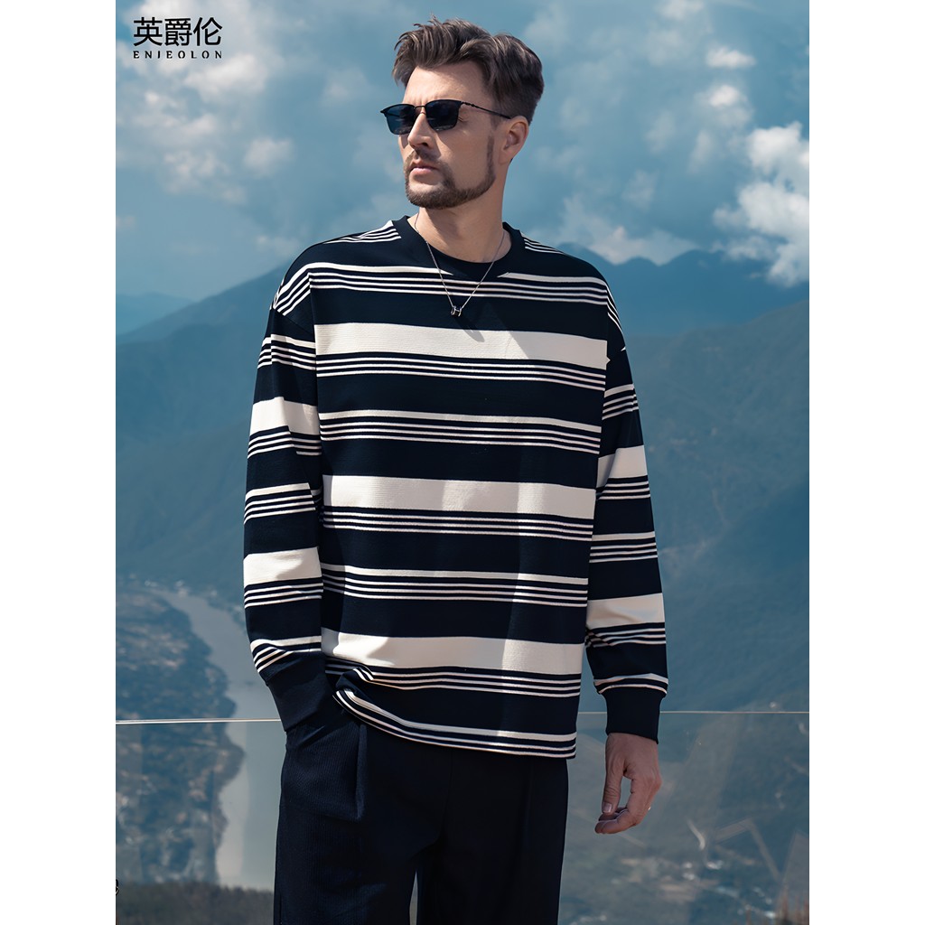 Camiseta masculina de manga comprida com listras pesadas britânicas outono novo estilo americano retrô contraste cor sol