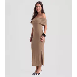 Vestido Longo Feminino Ombro A Ombro Dianna Marrom