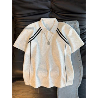 Camisa Polo listrada retrô americana masculina, Design de costura de nicho, manga curta, lapela de verão, camiseta Casua