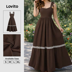 Lovito Vestido Longo Boho Colorblock com Renda para Mulheres Primavera/verão Marrom DRB38BR065