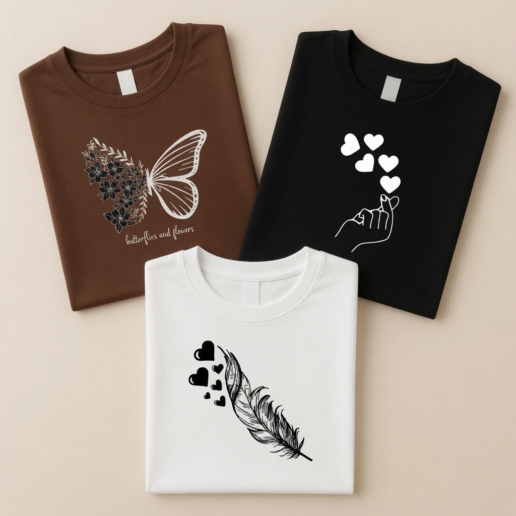 Kit 3 Camisetas Femininas Estampadas Borboletas Corações e Pena 100% Algodão Elegante Estilosa Presente P ao GG