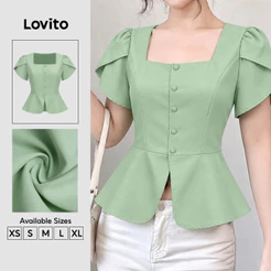 Lovito Blusa Feminino Elegante Estilo Retrô Anos 90 Com Fenda Frontal E Botões Para O Dia a Dia Na Primavera/verão Na Cor Verde BLK9P1D516
