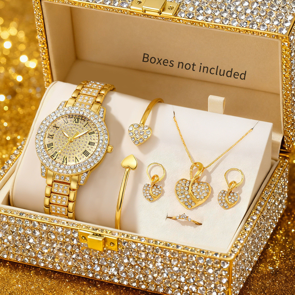 Conjunto de relógio feminino cravejado de diamantes, estilo casual e moderno.