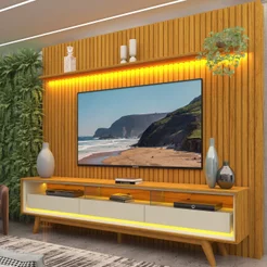 Rack com Painel Ripado para TV até 90 Polegadas 100% MDF com LED 229CMX250CM Pés em Madeira Maciça Elegance Yescasa