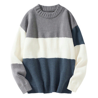 Spring Sweater Men Loose Cut Men's Fall Winter Thick Knit Colorblock Fit Pullover Round Neck Long Sleeve Warm Mid-length