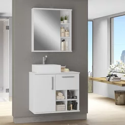 Conjunto para Banheiro 3 Peças 1 Gabinete com Cuba 1 Armário com Espelho 70cm Bia Branco