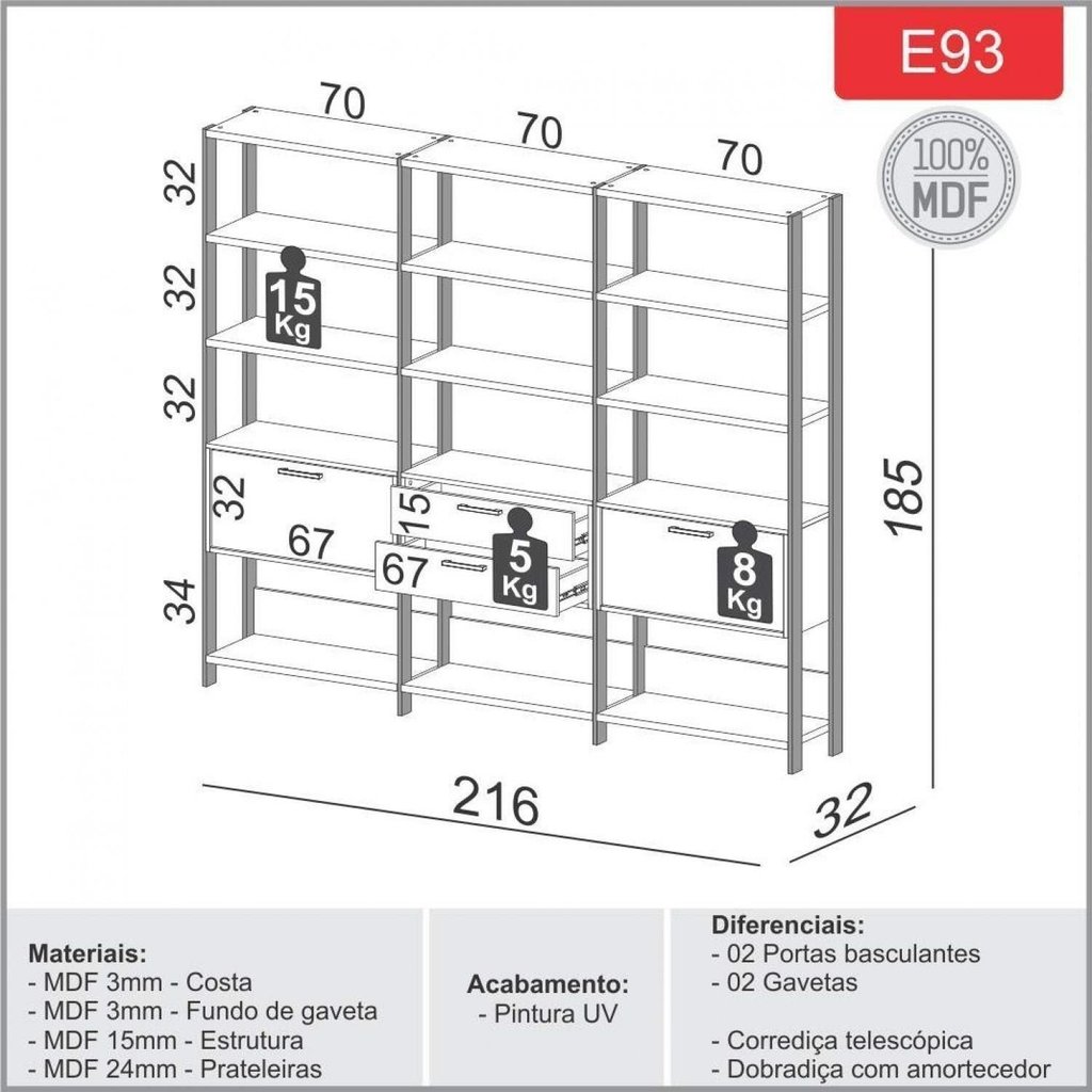 Estante Industrial 2 Portas 2 Gavetas 100% MDF 216cm Marrom/Freijó/Preto Freijó/Preto Fosco · foto 2