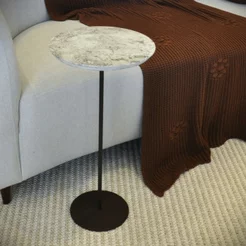 Mesa Lateral Norina - Alta, Tampo Redondo Imerso e Base Aço Corten. Cinza 100% MDF