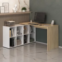 Escrivaninha Mesa Escritório Ergonômica e Atemporal em L com para Armazenamento Nero 8 Nichos 135cm Carvalho/Branco